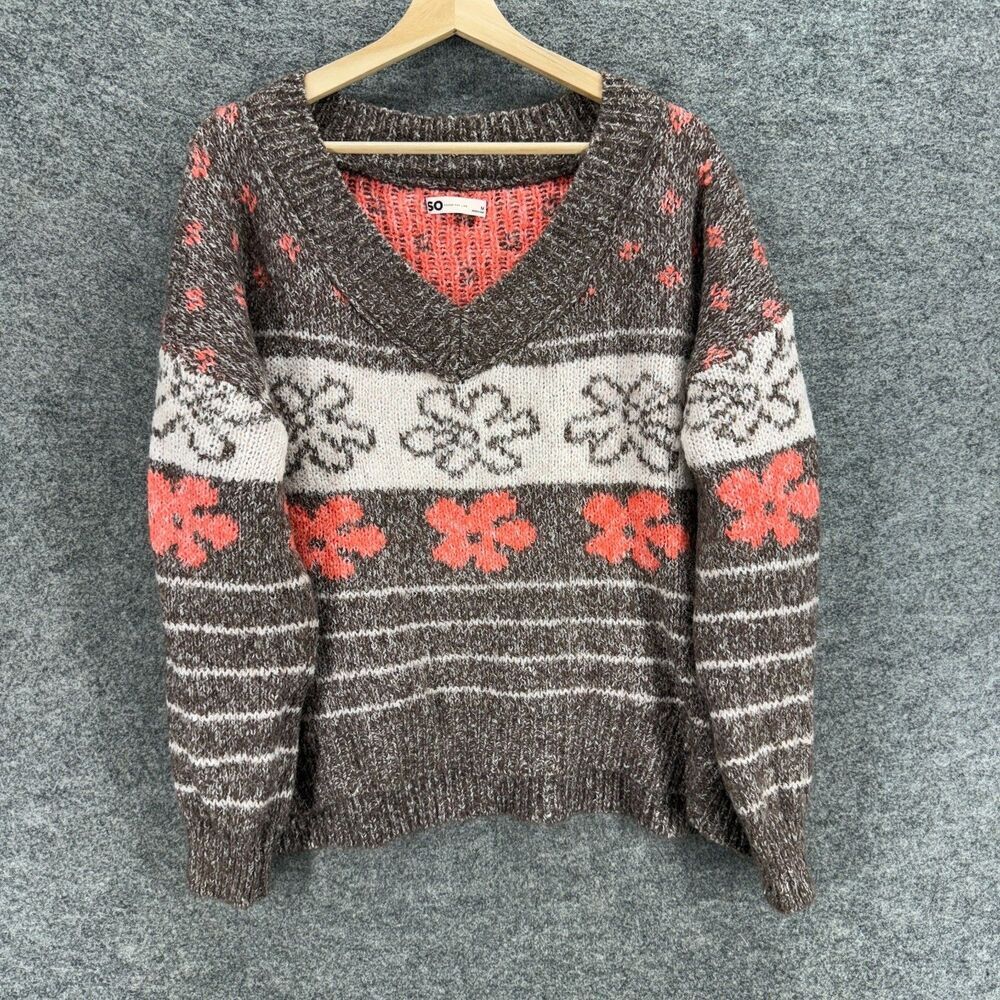 So Sweater Pullover Women M Medium Gray Striped Knit V-Neck Long Sleeve Acrylic